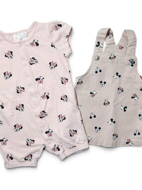 H&M Disney Minnie Mouse Pink Romper & Twill Overalls Dress Set 6M AOP Cotton